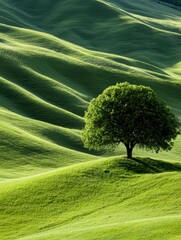 Canvas Print - Lush green rolling hills with lone tree