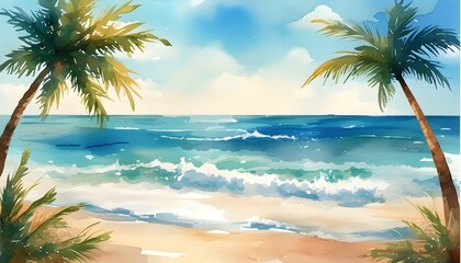 Serene summer beach landscape with watercolor ocean, soft sand, and gentle waves under a clear sky