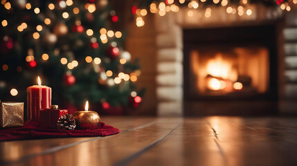 Wall Mural - holiday able with christmas tree and fireplace with copy space
