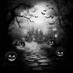 Wall Mural - Halloween background with spooky designs, black and white