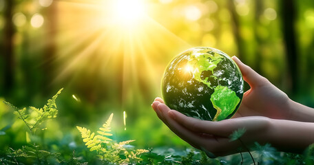 Sticker - A pair of hands holding a green earth globe in a forest setting, surrounded by greenery and with the sun shining brightly in the background.