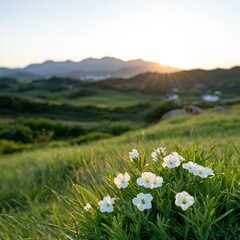 Sticker - Scenic mountain landscape with wildflowers at sunset