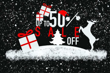 Merry christmas sale 50 off vector background. Winter holiday discount ad banner with gifts, falling snow texture effect