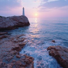 Sticker - scenic lighthouse overlooking serene ocean at sunset