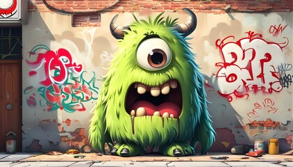 vibrant graffiti featuring whimsical cartoon monsters in an urban landscape