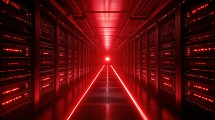 Wall Mural - A futuristic server room illuminated in red light, showcasing rows of data storage units.