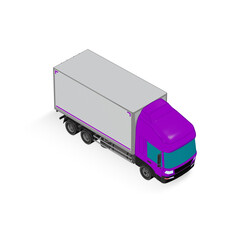 3D Isometric Cargo Truck Half Tone Vector Illustration Modern Violet Cabine and White Van Intercity Delivery Vehicle 6x4 Design for Logistics Transport Presentation Social Media Video Promo Frnt Right