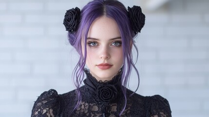 Poster - gothic woman with purple hair and black roses