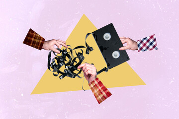 Wall Mural - Composite photo collage of hands show retro tape vintage cassette party event melody entertainment isolated on painted background