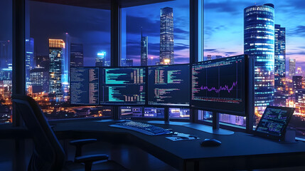 Sticker - A modern office desk with multiple monitors displaying graphs, data, and code, overlooking a city skyline at night.