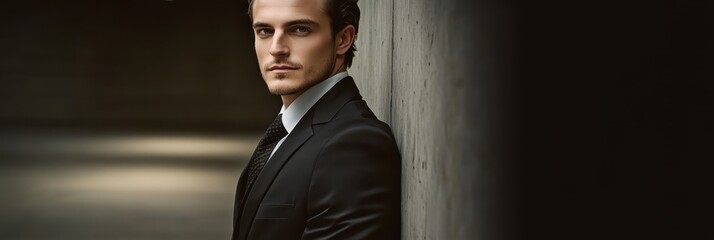 Man in sophisticated suit, dramatic lighting, moody atmosphere, leaning against a wall, elegant pose, shallow depth of field, formal attire, cinematic look, professional portrait, low-key photography.