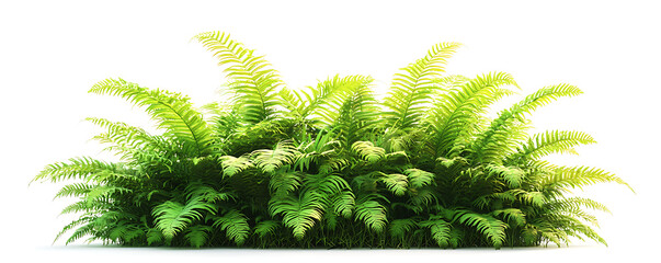 A lush tropical fern bush with dense green fronds, isolated on a white background