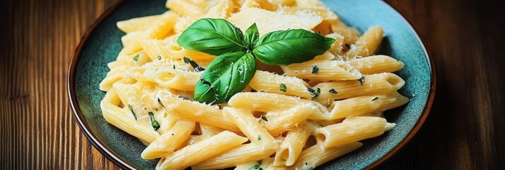 Plate of creamy penne pasta, garnished with fresh basil leaves, parmesan cheese sprinkle, warm and inviting atmosphere, close-up food photography, soft lighting, rustic wooden table background, cozy d