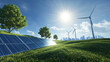© Martí Rosselló - Solar Panels and Wind Turbines in a Sustainable Energy Landscape, A scenic view of solar panels and wind turbines on a sunny day, symbolizing renewable energy and sustainable technology in harmony