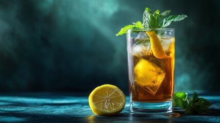 A glass of tea with a lemon slice and a sprig of mint