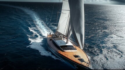 Wall Mural - aerial view of sleek, modern sailing yacht cutting through deep blue water. boat for participation in long sea regattas