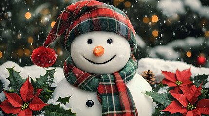 Poster - A smiling snowman wearing a red and green plaid hat and scarf, surrounded by holly and poinsettia with a snowy background.