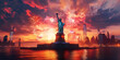 © john - New York Manhattan panorama with Liberty Statue and America USA flag, vanilla sky lots of fireworks at sunset. 4 July Independence Day celebration