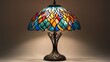 © Intach - Colorful luxury lamp with an intricately designed metal base, premium materials, and stained glass shade showcasing a mix of vibrant colors.