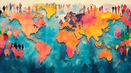 Poster - Colorful Abstract Artwork Depicting Global Population Diversity Over a World Map Background