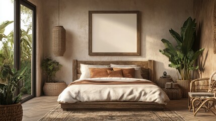 Mock up frame in a rustic bedroom with natural wooden furniture and earthy color palette, 3D render 