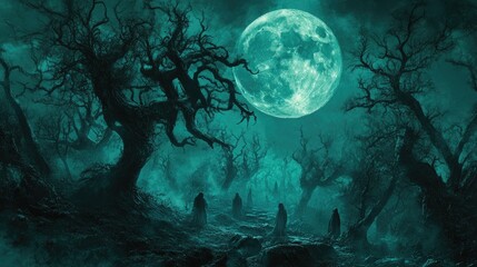 A haunted forest scene with ghostly figures, twisted trees, and a large, eerie full moon overhead.