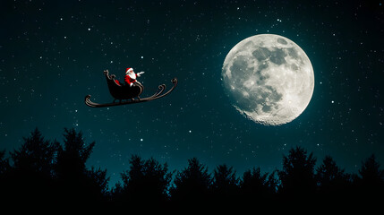 Poster - Santa Claus flying in his sleigh over the moon