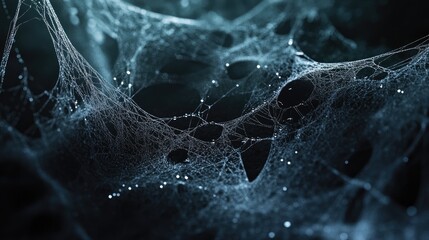 Intricate spider webs, ranging from fine to thick, scattered across a dark, foggy Halloween backdrop. Water droplets and shadows add depth to the eerie atmosphere.