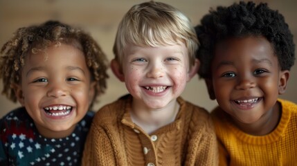 Wall Mural - A portrait of three happy kids from diverse backgrounds, smiling warmly