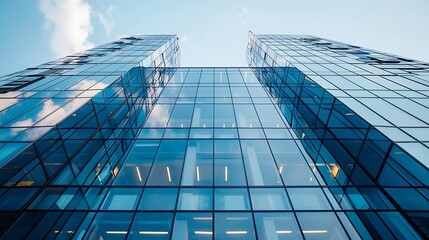 Low angle view of a modern skyscraper with a glass facade, reflecting the sky and clouds. It's a towering symbol of urban development and architectural innovation.