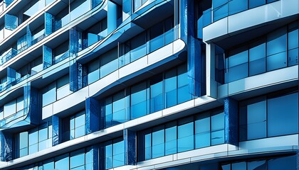 Modern architectural facade with abstract blue patterns in vibrant urban environment