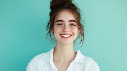 Young smiling happy cheerful fun satisfied cool woman she wearing white top shirt casual clothes looking camera isolated on plain pastel light blue cyan background studio portrait. generative ai