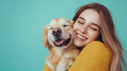 Young smiling happy cheerful owner woman with her best friend retriever wear casual clothes cuddle hug dog close eyes isolated on plain pastel light blue background studio. generative ai