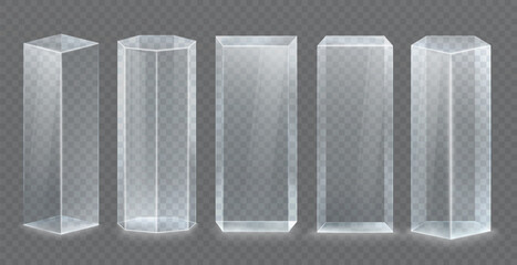 3D glass transparent crystal. Empty cylindrical pedestal.