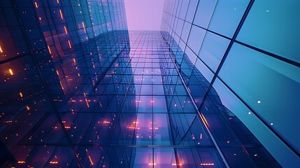 low-angle shot of a modern skyscraper with a glass facade, capturing its geometric patterns and refl