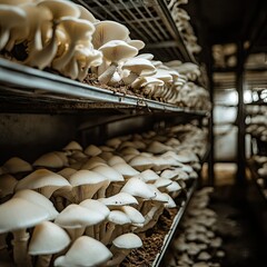 A picturesque mushroom farm, with rows of white button mushrooms growing in a dark, humid environment, highlighting sustainable agriculture.