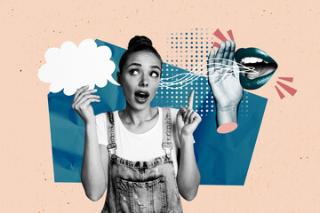 Wall Mural - Sketch collage image of funny girl listen interesting information news whisper isolated on drawing background