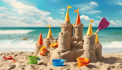 Joyful summer beach scene with sand bucket and toy, perfect for family vacation memories and creating sandcastles.