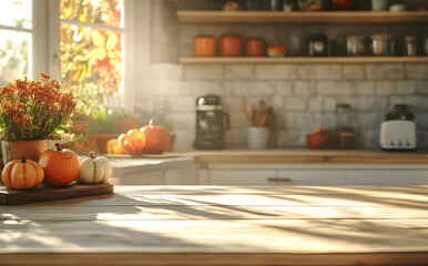 Wall Mural - Table in rustic autumn kitchen with sunlight and copy space