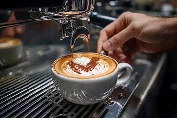 A barista dusting cocoa powder over the foam of a freshly made cappuccino, with the espresso machine in the background