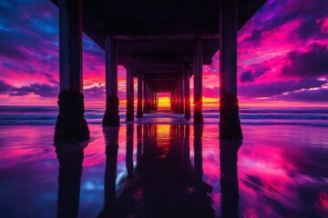 Wall Mural - A stunning sunset illuminates the sky with vibrant colors while waves gently lap against the pier's pillars