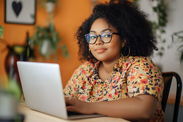 Wall Mural - Attractive happy stylish plus size African black woman student afro hair in glasses studying online working on laptop computer at home office workspace. Diversity. Remote work, distance education