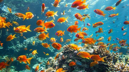Naklejka na meble A School of Orange Fish Swimming Through a Coral Reef