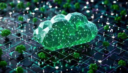 Innovative digital cloud technology featuring a green polygonal cloud shape on a circuit board, symbolizing data storage, computing, and connectivity