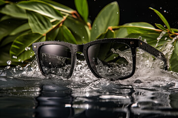 Black sunglasses with water splash and green leaves, summer adventure concept