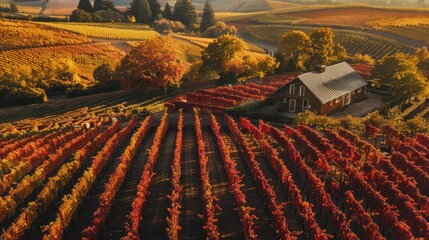 Wall Mural - Aerial View of Autumn Vineyard with House