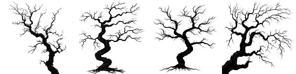 Twisted bare tree branches with intricate gnarled patterns silhouetted against a dark moody background in a minimalist graphic monochrome style  The skeletal