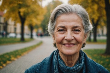 Close portrait of a smiling senior Romanian woman looking at the camera, Romanian outdoors blurred background