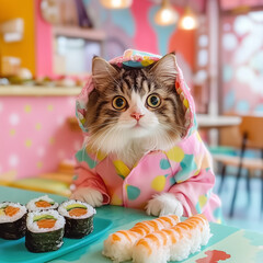 A candid photo of a fluffy cute cat, dressed in a sushi costume , pastel print pattern, sushi on a table, colorful room in background, pastel colors