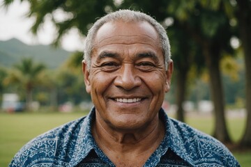 Close portrait of a smiling senior Samoan man looking at the camera, Samoan outdoors blurred background